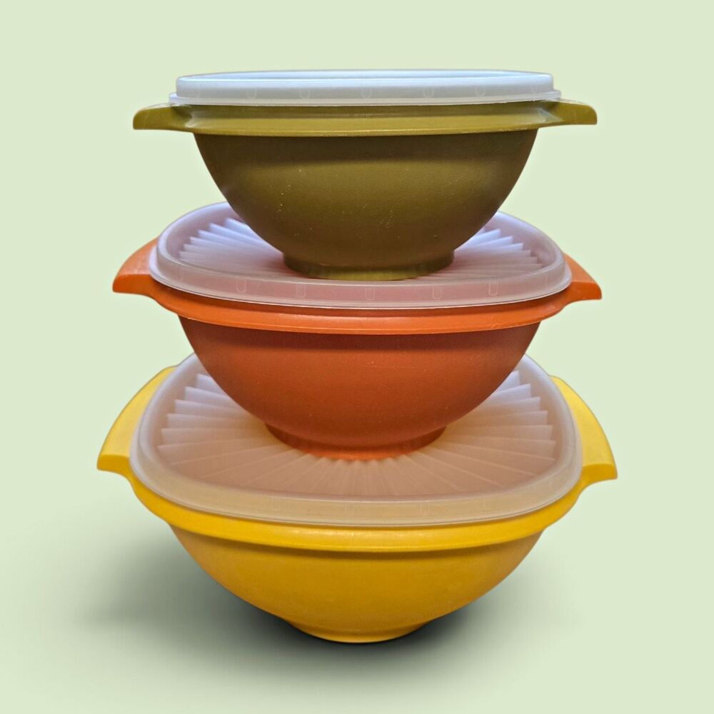 Tupperware Vintage Square Bowl & Lid Set 3pc Yellow Green Orange Plastic